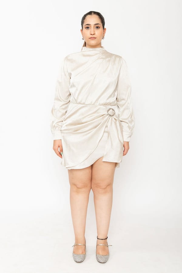 Cream Satin High Neck Draped Mini Dress — Contemponari