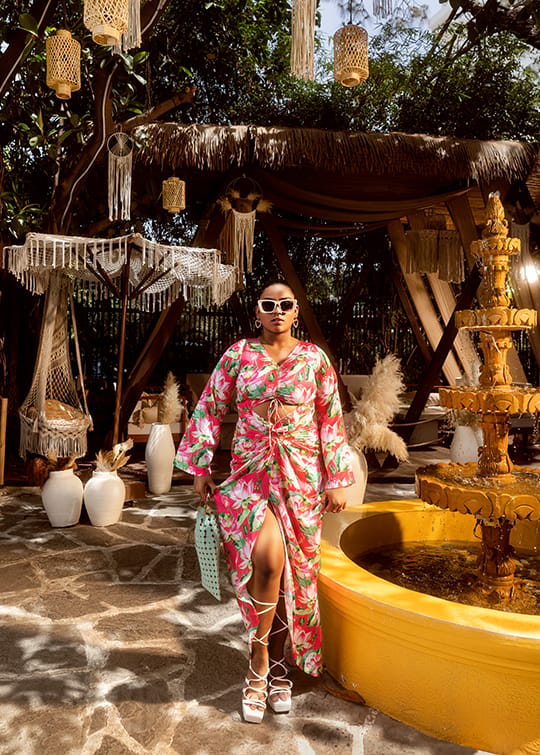 Hot Pink Lotus Print Cut-Out Maxi Dress — MAI TAI