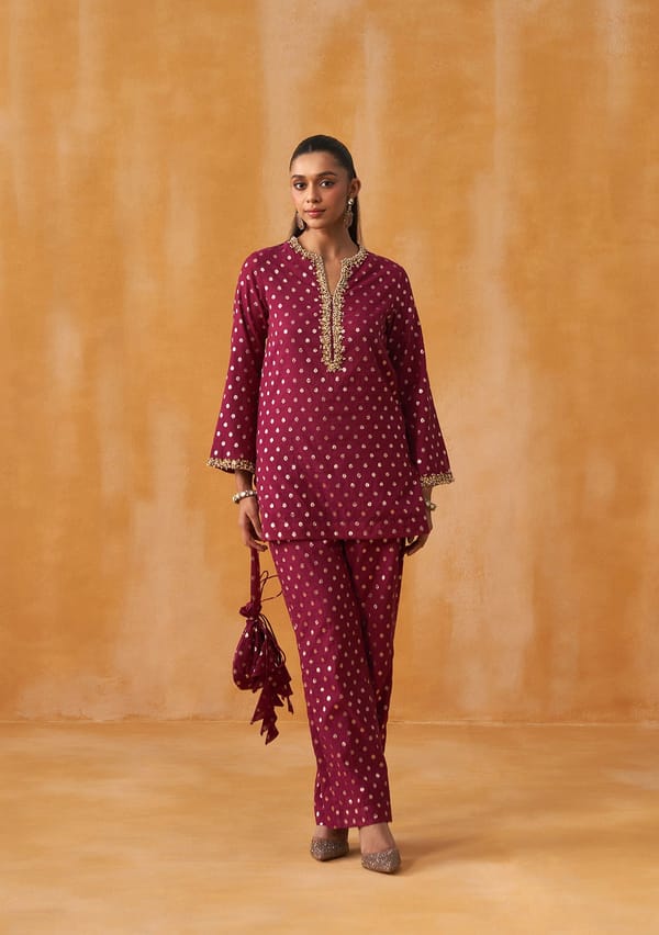 Begum Co-ord Set with Potli (Berry Wine) — AMOSHI