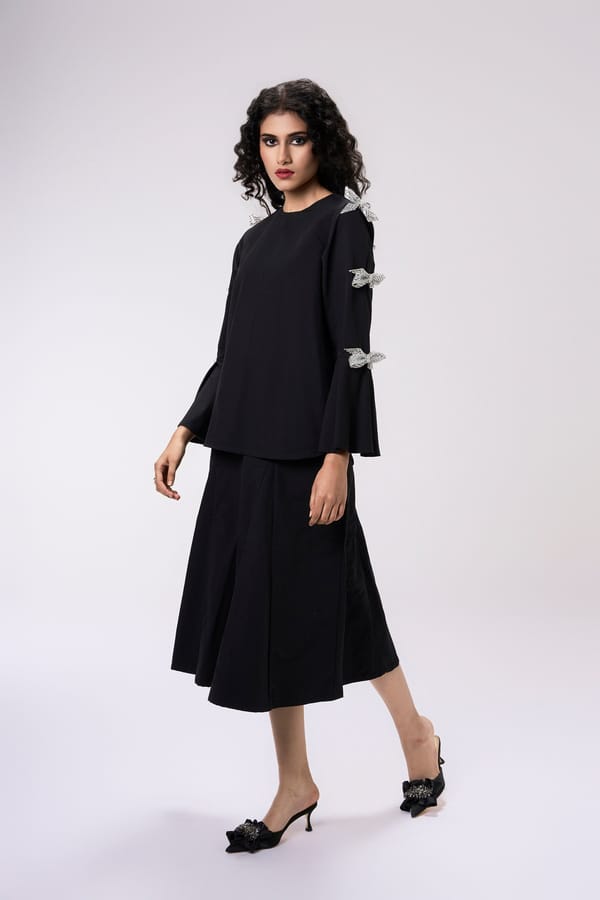 Black Embellished Flared Cuff Top — KOR