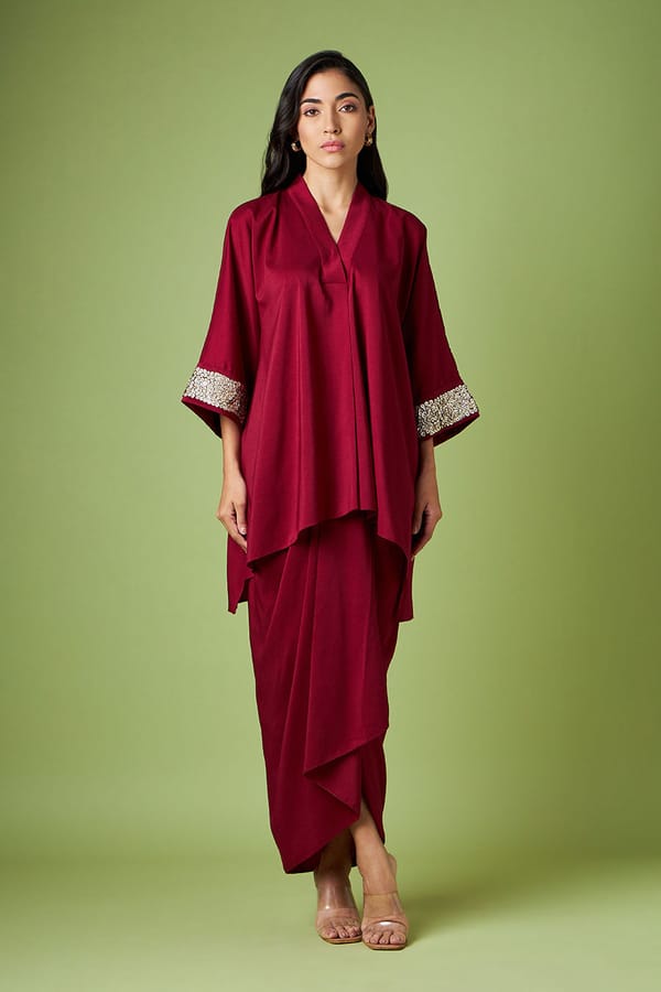 Maroon Embellished Tunic and Drape Skirt Co-ord Set — Aakaar