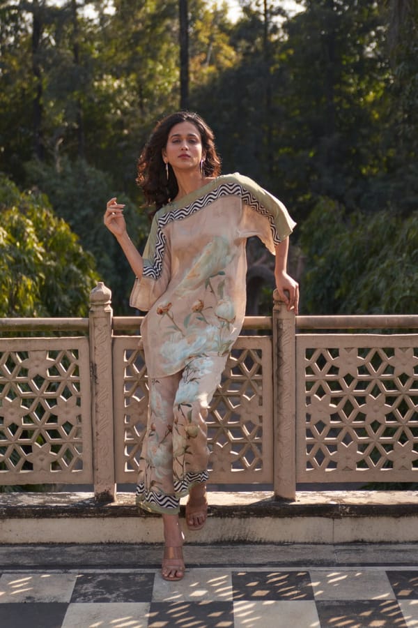 Beige Floral Kaftan Tunic and Wide-Leg Pants Co-ord Set — Chakkraa