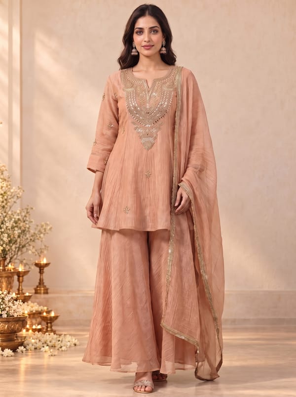 Embroidered Fabric Dabka & Thred Work Set In Peach — LAAVAN JAIPUR