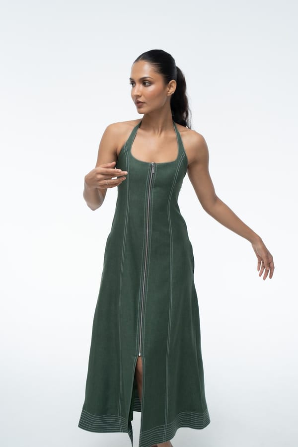 Green Halter Neck Zip-Front A-Line Midi Dress — Mazikien