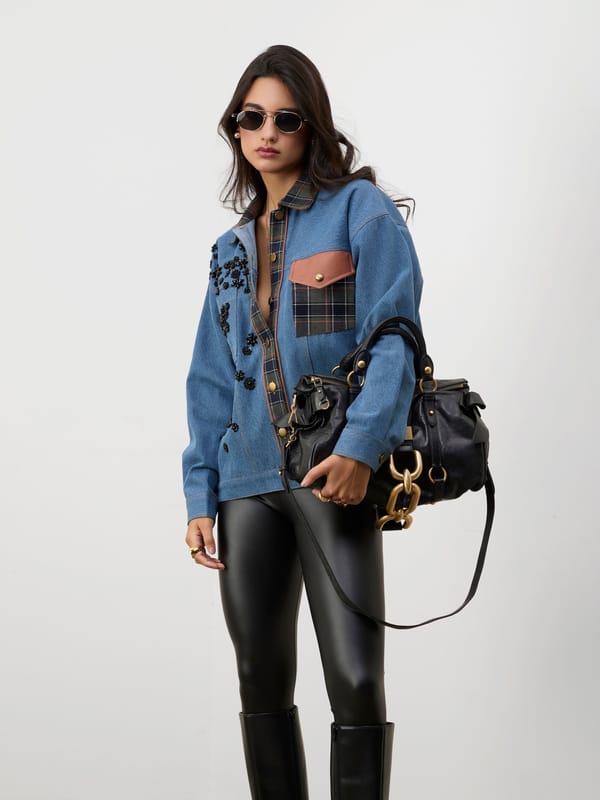Blue Oversized Embroidered Denim Jacket with Plaid Panels — MADISON