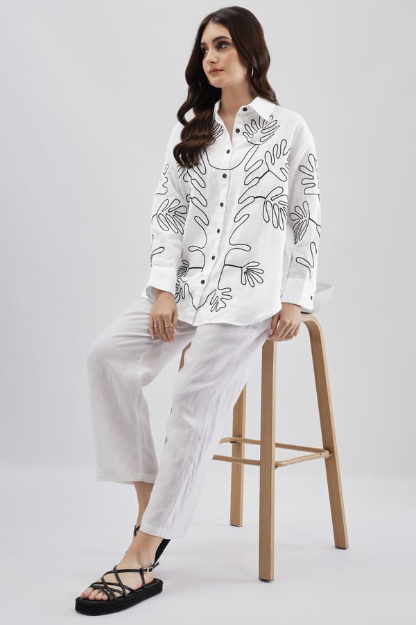 White Linen Graphic Line-Art Button-Down Shirt — Linen Bloom
