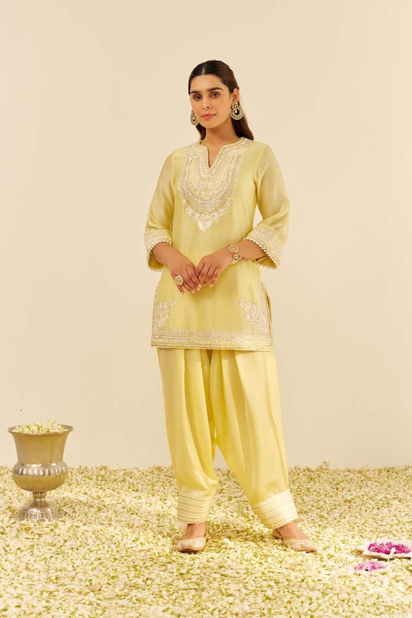 Lemon Yellow Embroidered Short Kurta Set with Salwar — Sheetal Batra