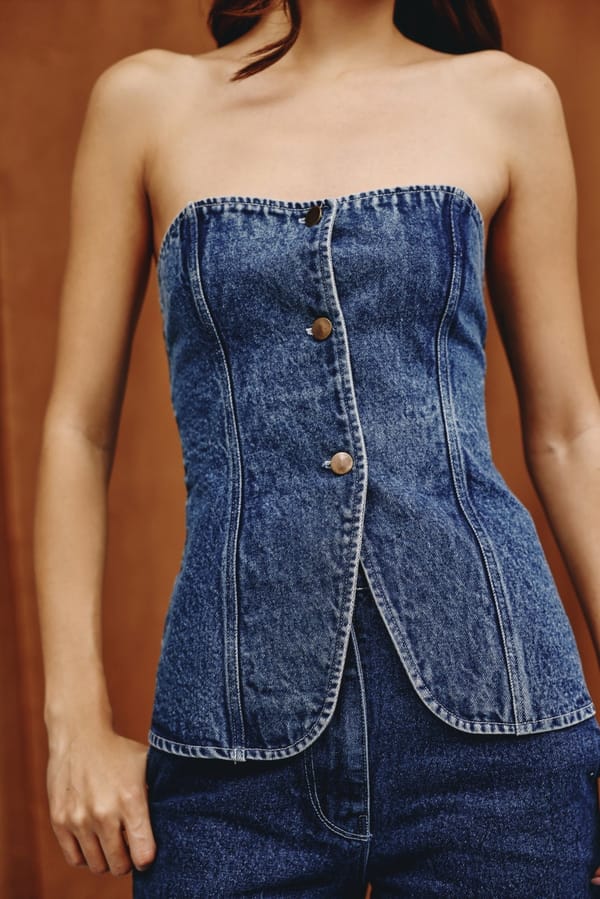 Deep Indigo Denim Strapless Bustier Top with Button Front — quietBOLD