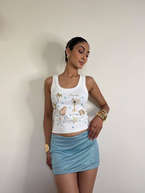 White Rib Knit Square Neck Beaded Tank Top — The clothing factory