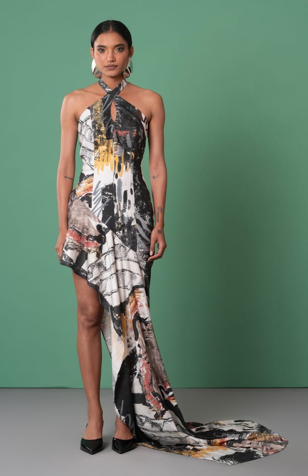 Multicolor Abstract Halter Mini Dress With Draped Train — ADVAIT