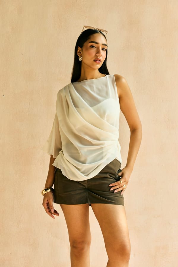 White Sheer Georgette Draped One-Sleeve Top with Bralette — Lea Clothing