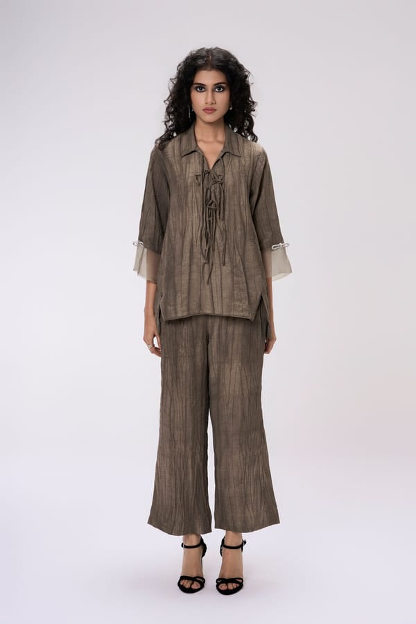 Coffee Brown Textured Shirt and Wide-Leg Co-ord Set — KOR