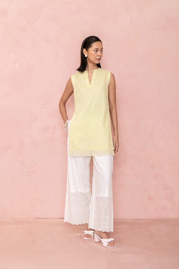 Yellow Tunic and White Wide-Leg Pants Cutwork Co-ord Set — LABEL NAARITI