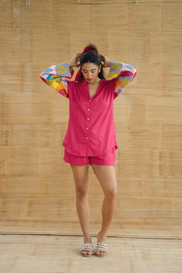 Pink Oversized Button-Down Shirt with Crochet Sleeves — Label Sugar