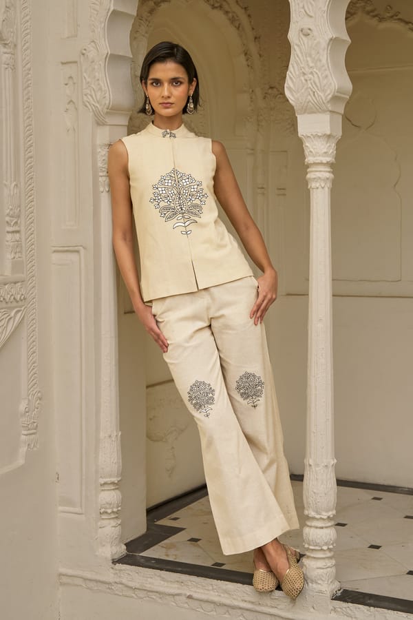 Beige Embroidered Sleeveless Top and Pants Co-ord Set — Dash and Dot