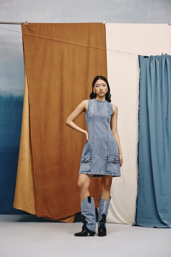 Mid Blue Panelled Denim A-Line Mini Dress — quietBOLD
