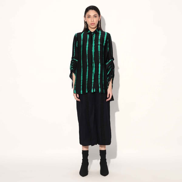 Green/Black Shibori Striped Pleated-Back Satin Shirt — Linetribe