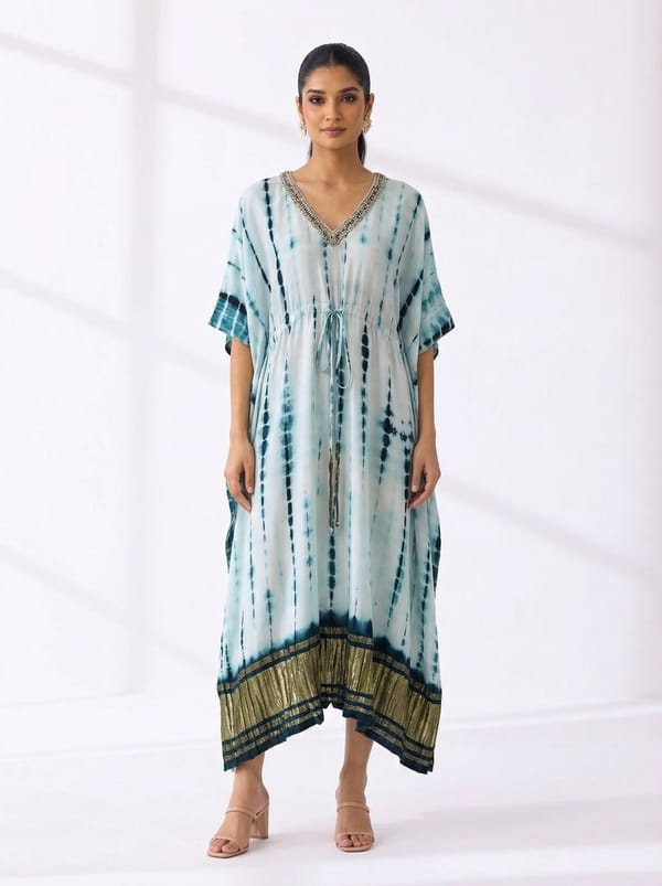 Sky Blue Tie-Dye Satin Kaftan with Embellished V-Neck — 5 Elements