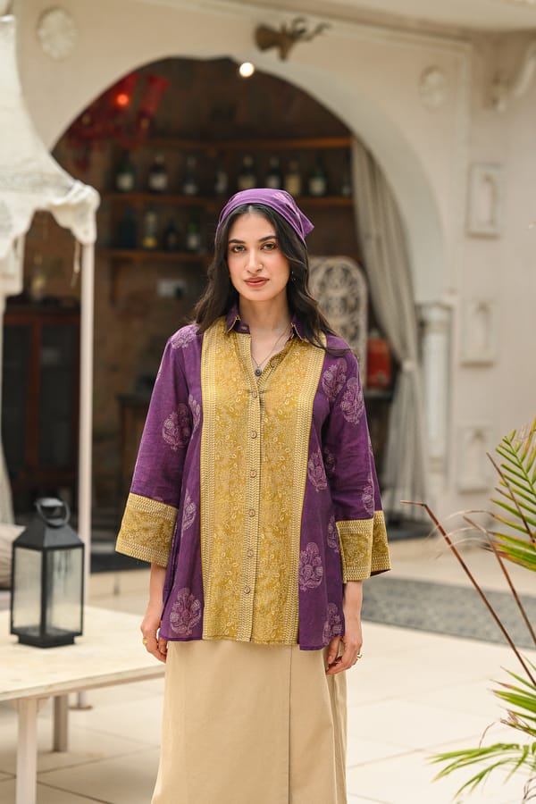 Purple and Mustard Block Panel Print Mul Chanderi Shirt-SET OF-1 — MAHEE JAIPUR