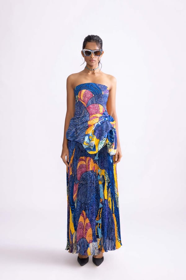 Blue/Multi Tribal Print High-Waist Micro Pleated Maxi Skirt — Saaksha and Kinni