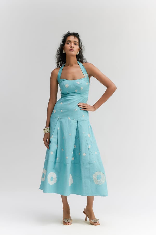 Aqua Blue Cotton Denim Halter Neck Dress — Itara an another