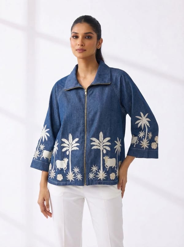 Blue Denim Zip-Front Jacket with Contrast Border Print — RUCHIKA  MALLIKA LABEL