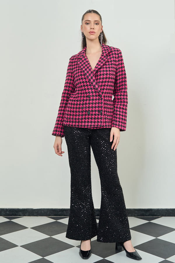 Hot Pink and Black Houndstooth Tweed Double-Breasted Blazer — AVERIE