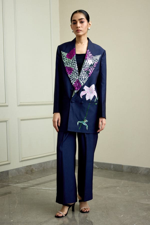Navy Blue Embroidered Blazer and Pant Co-ord Set — THE FINICKY COLORIST