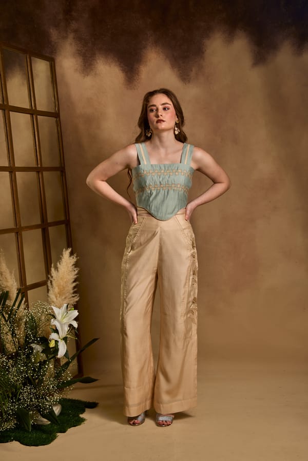 Seagreen Crop Top and Cream Embroidered Pants Co-ord Set — An'era by Asmita Verma