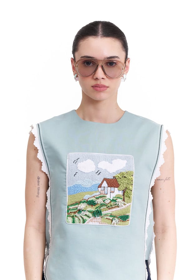 Plume Blue Cotton-Linen Embroidered Overlay Top — Our Love