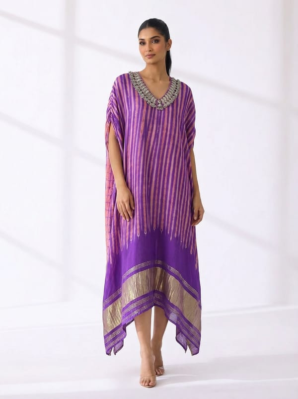 Embellished Leheriya Purple Kaftan — 5 Elements