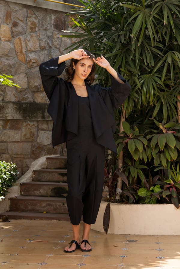 Black Linen-Blend Open-Front Embroidered Sleeve Shrug — Eko Clothing