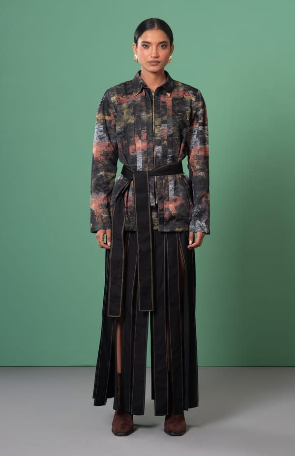 Multicolor Abstract Print Belted Zip-Front Shacket Top — ADVAIT