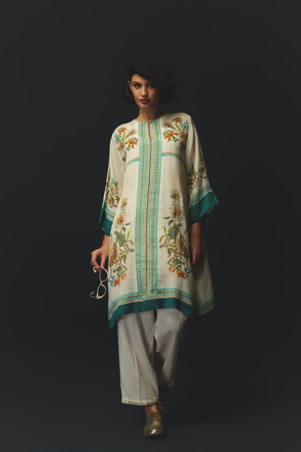 Beige Printed Kurta-Style Co-ord Set with Wide-Leg Pants — Basil Leaf