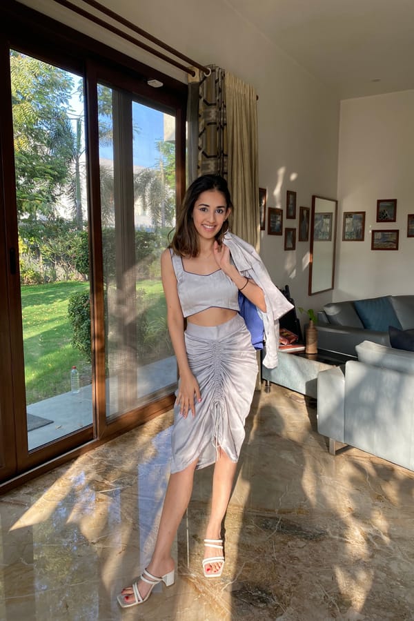 Grey Bustier and Ruched Midi Skirt Co-ord Set — Neora