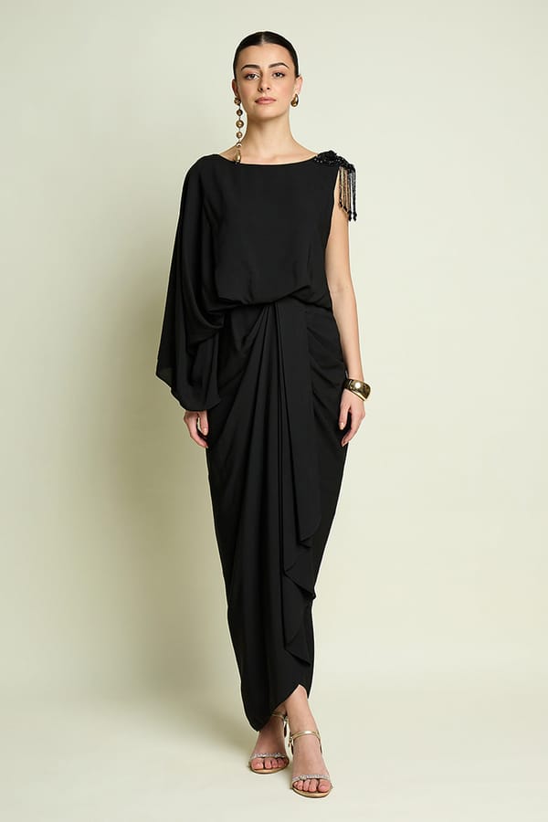 Black Crystal Embellished Drape Dress — Aakaar