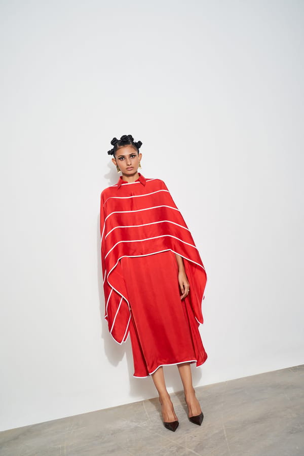 Red Satin Midi Dress with Cape Overlay and White Binding — Corpora Studio