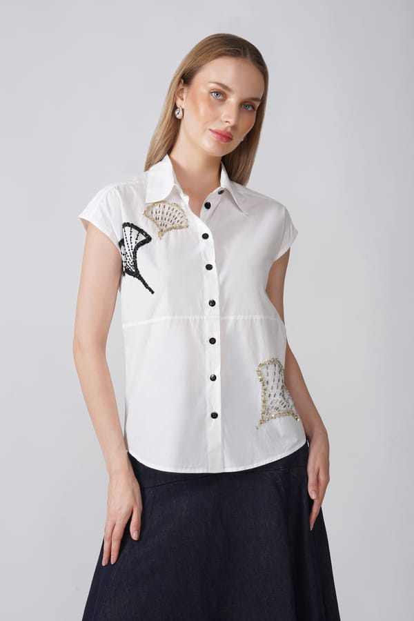 Ivory Cotton Embroidered Button-Down Shirt — KIHIKI