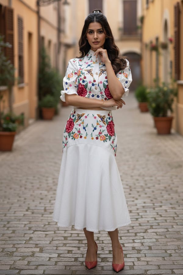 White Floral Embroidered Top and Midi Skirt Co-ord Set — BOHO-CHIC