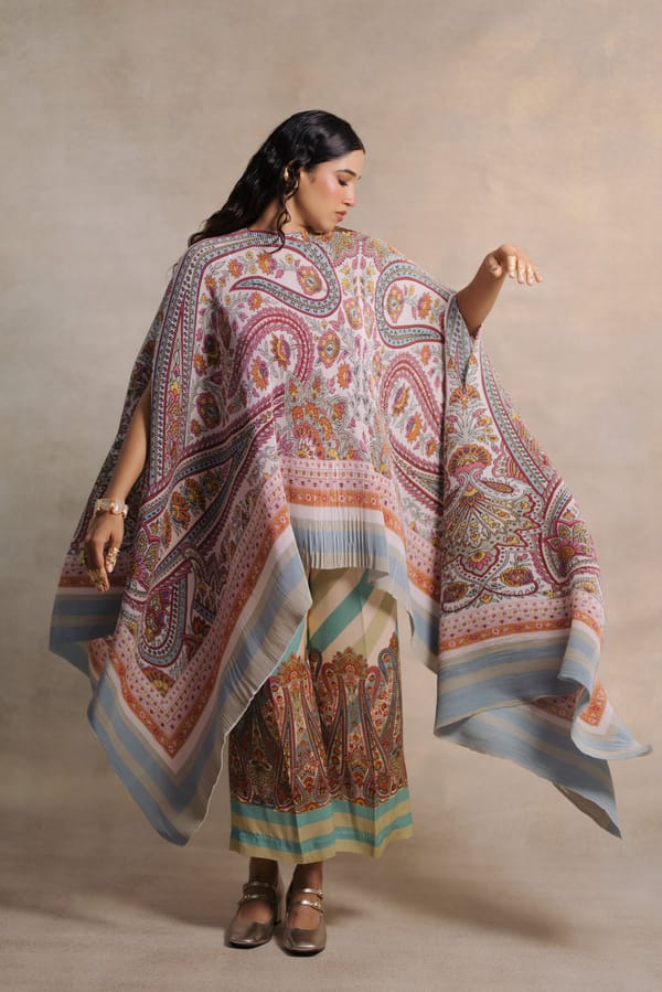 Pink Satin Nyka Pleated Paisley Printed Cape — Moh India