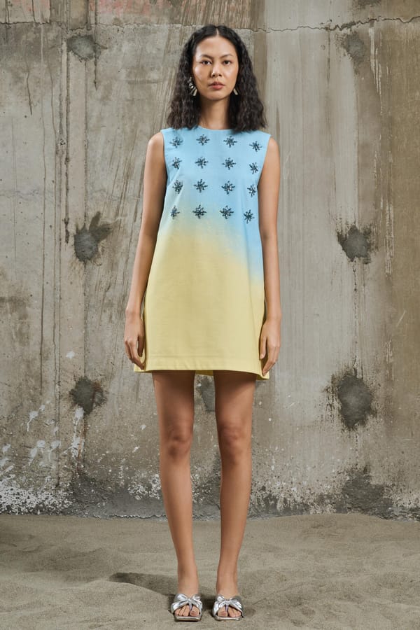 Blue Yellow Ombre A-Line Mini Dress with Stone Embroidery — Pocketful Of Cherrie