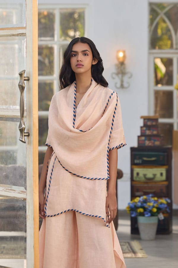 Peach Linen Cape with Contrast Edge Trim — YELL