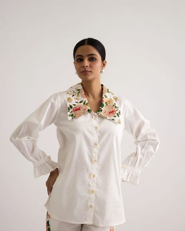 White Cotton Satin Shirt with Floral Statement Collar — THE FINICKY COLORIST