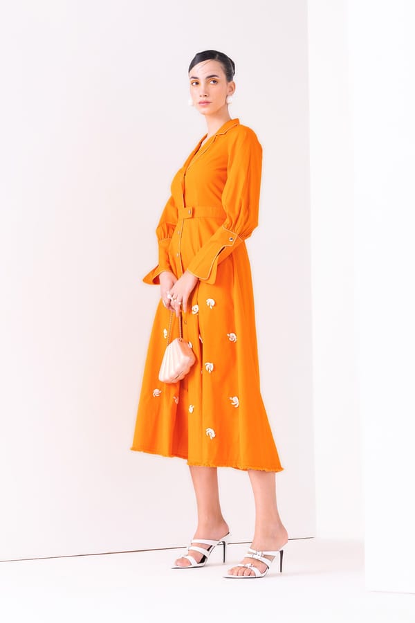 Sunset Orange Cotton Button-Down Midi Shirt Dress — Our Love