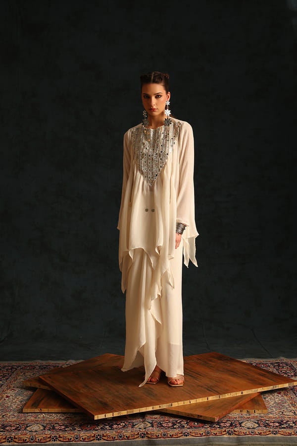 Off White Embellished Yoke Top and Draped Skirt Co-ord Set — EnEch