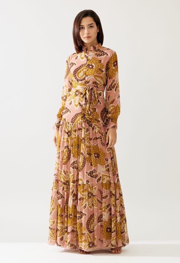 Pink And Mustard Floral Long Dress — KoAi