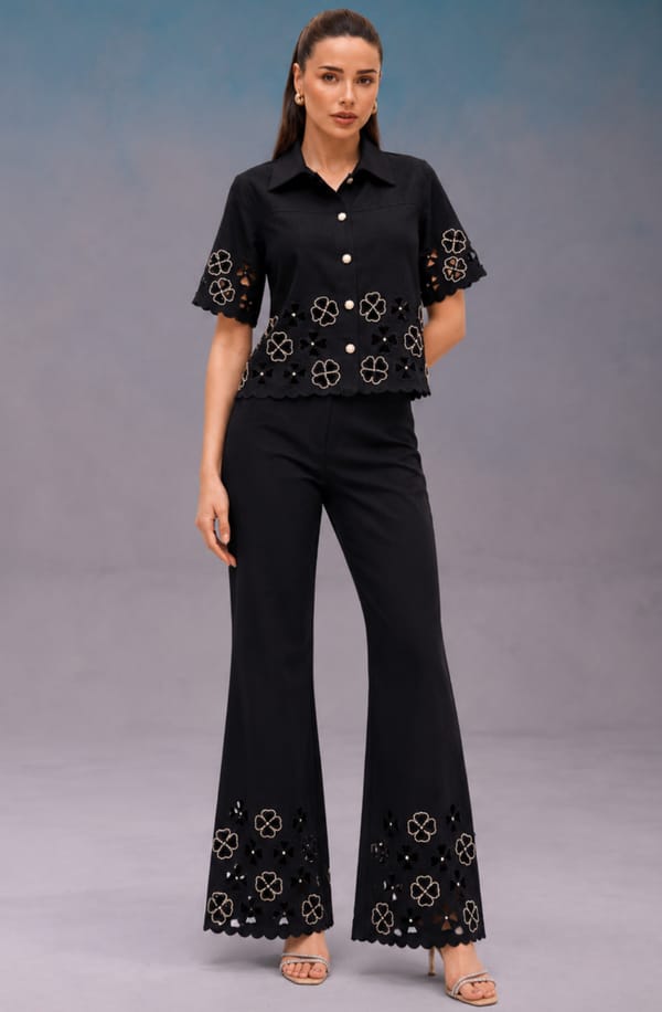 Black Floral Cutwork Co Ord Set — OMBRELLO