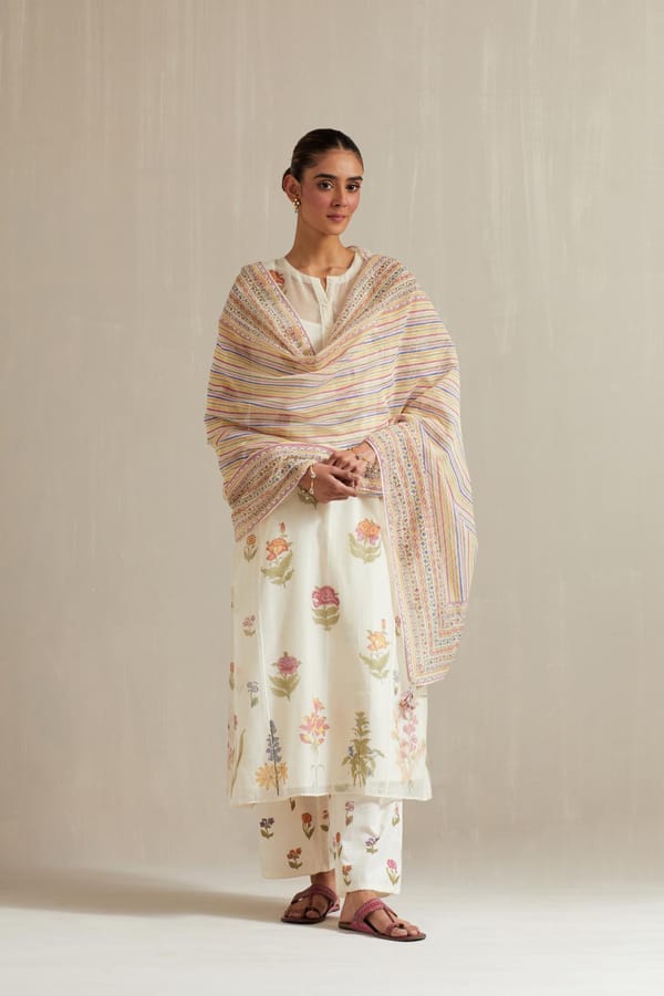 Off White Cotton Chanderi Straight Kurta Set — Upavita