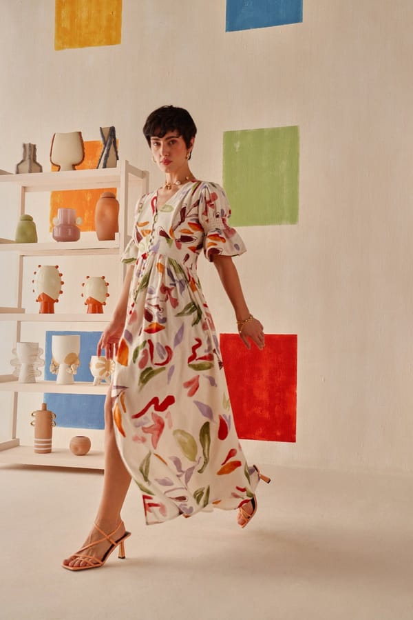 Off-White Abstract Floral Printed V-Neck Maxi Dress — Sage by Mala