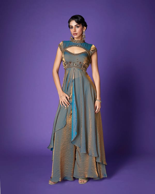 Twilight Dusk Shimmer Tissue Kurta Sharara Co-ord Set — QUNIC